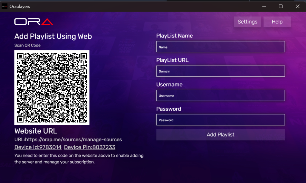 Ora Player playlist setup screen showing xtreme codes input field