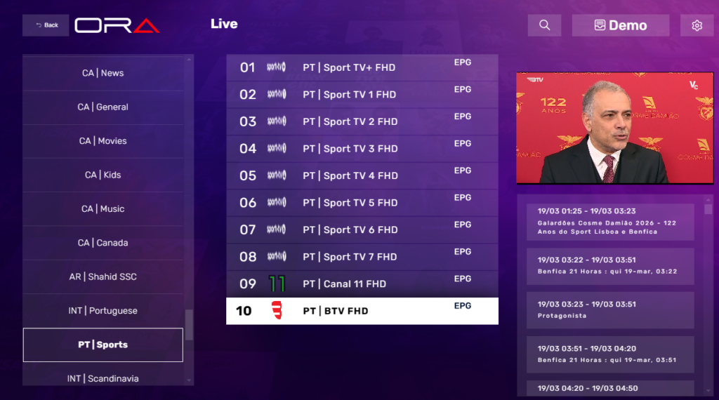 Portuguese TV channels playing on a smart TV — RTP, SIC, TVI visible in channel guide