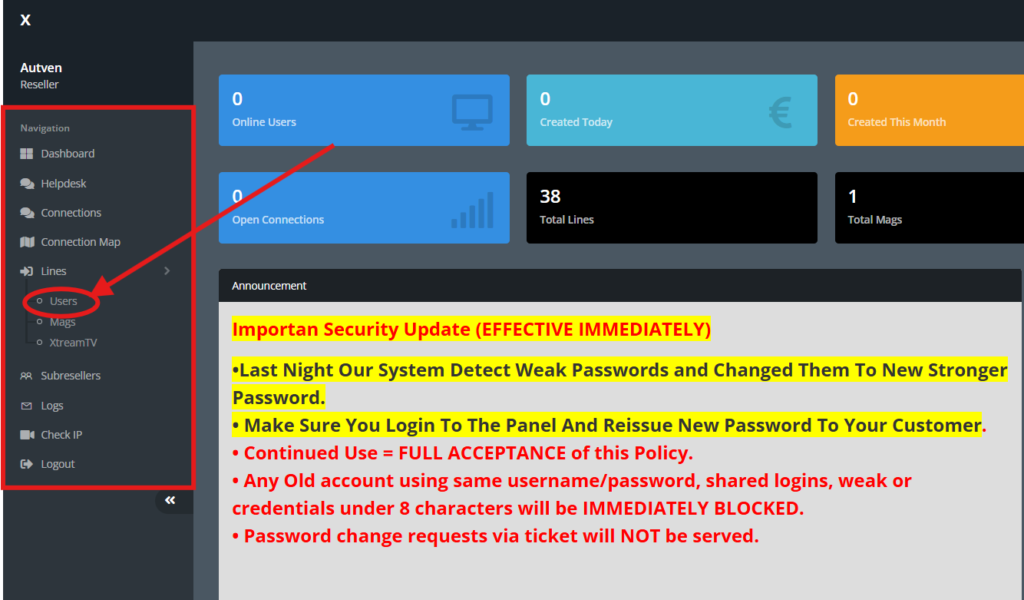 Autven IPTV reseller panel dashboard marked