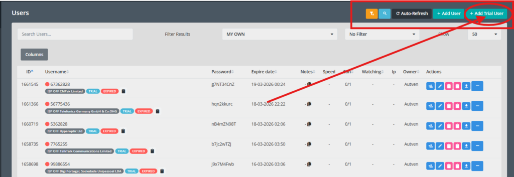 Autven IPTV reseller panel dashboard marked